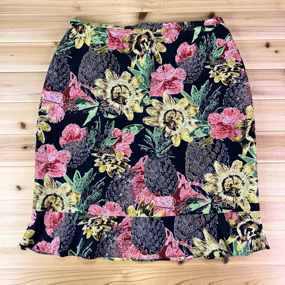 Silk Connection Harve Benard Tulip Skirt Women 16 Black Silk Sunflower Pineapple